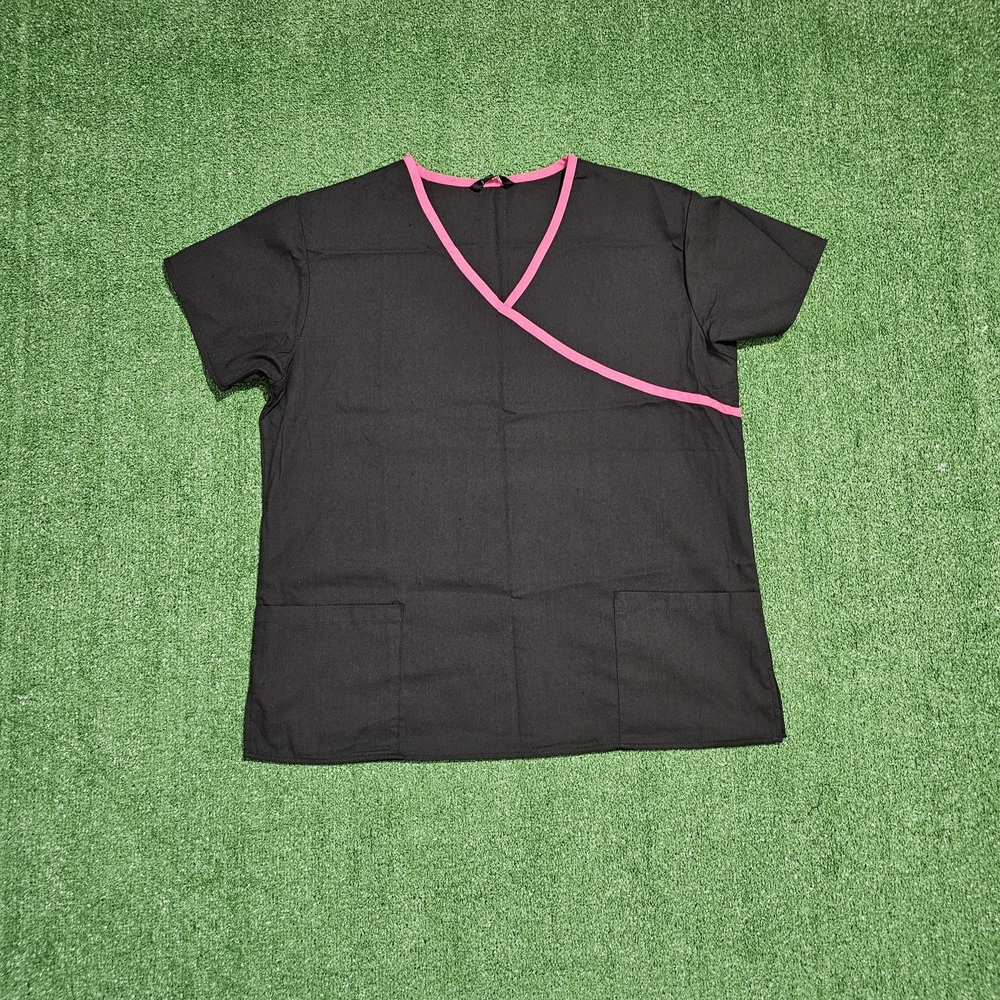 Just Love Black Short Sleeve V-Neck Scrub Top with Pink Trim